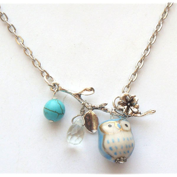 Silver Leaf  Turquoise Quartz  Porcelain Owl Necklace