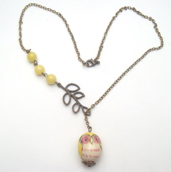 Antiqued Brass Leaf Butter Jade Porcelain Owl Necklace