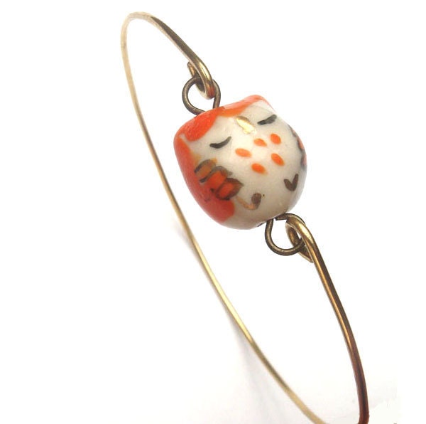 Brass Orange Porcelain Owl  Bracelet