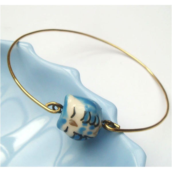 Brass Blue Porcelain Owl  Bracelet