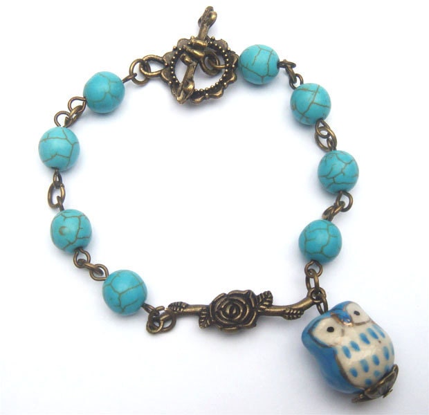 Antiqued Brass Branch Porcelain Owl Turquoise Bracelet
