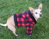 Red Plaid Flannel Dog Hoodie Trimmed in Black Soft Cuddle Fleece