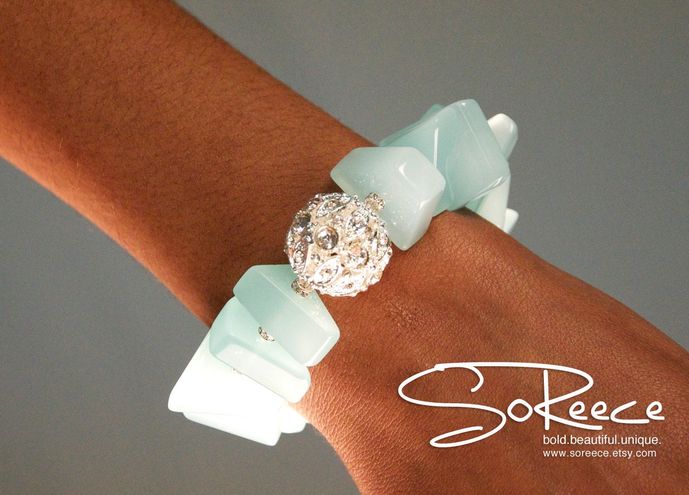 Aquamarine Blue, Silver, white, crystal beaded bracelet with toggle clasp - The Glamorous Life