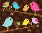 BUY 2 GET 2 FREE - Bird Clip Art -  Birds and Branches Clipart - 12 Bright Colored Birds, Branches and Leaves Elements