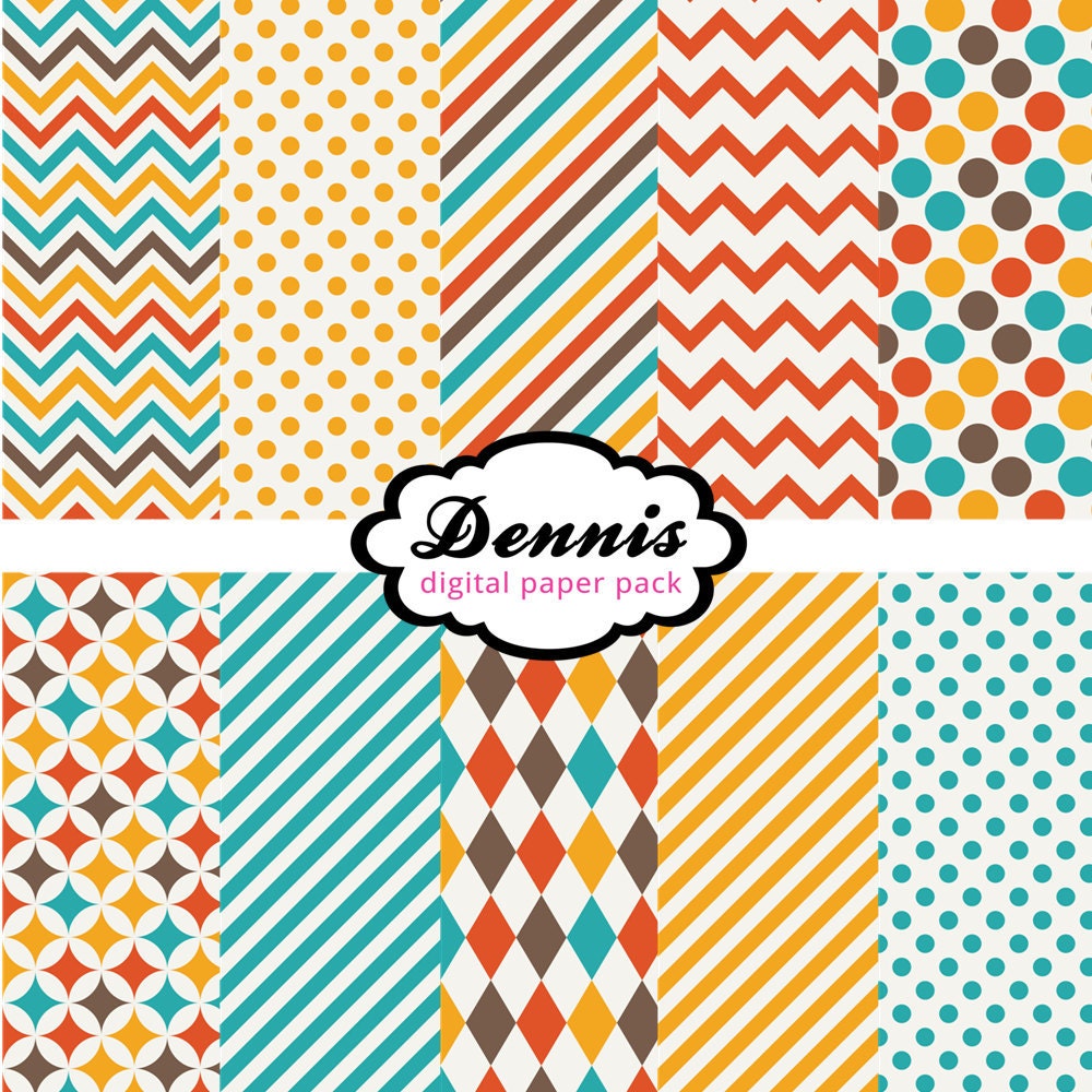 BUY 2 GET 2 FREE - Scrapbook Digital Paper Clip Art - Sweet Paper Pack Yellow Orange Blue Brown - Stripe Dot Chevron Zig Zag Romb