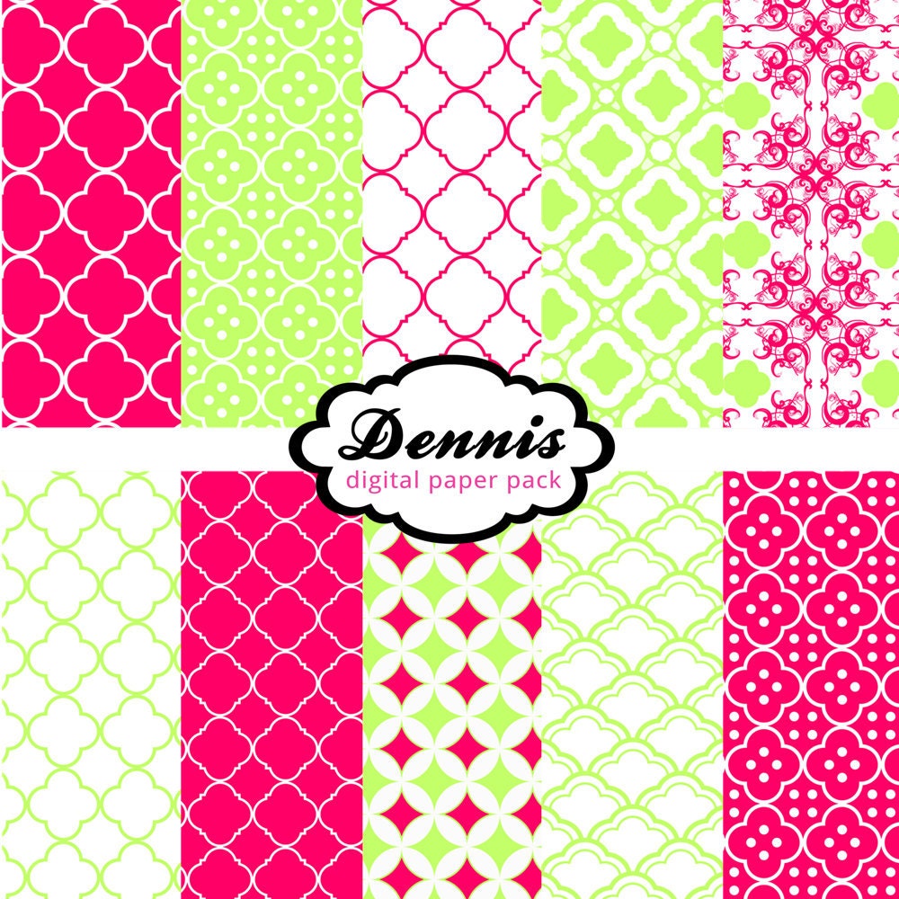BUY 2 GET 2 FREE - Scrapbook Digital Paper Clip Art -  Pink and Green  Quatrefoil Sheet