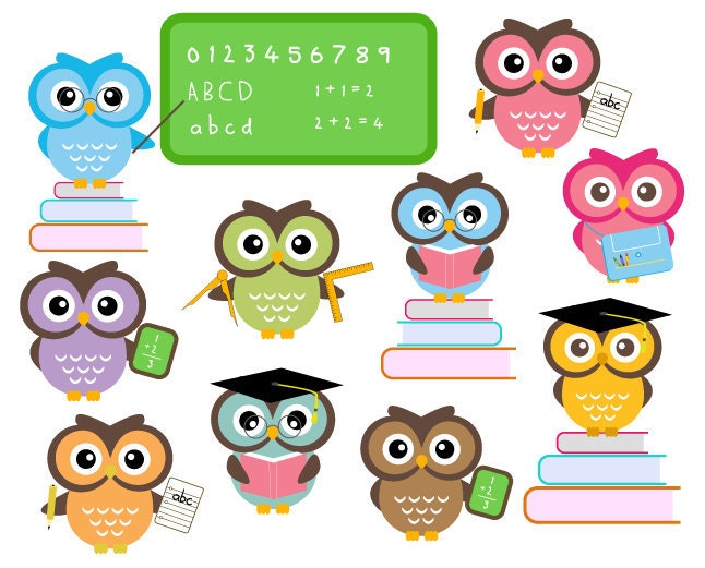 BUY 2 GET 2 FREE - Cute Owls At School - Classroom Education Clip Art - Personal and Commercial Use