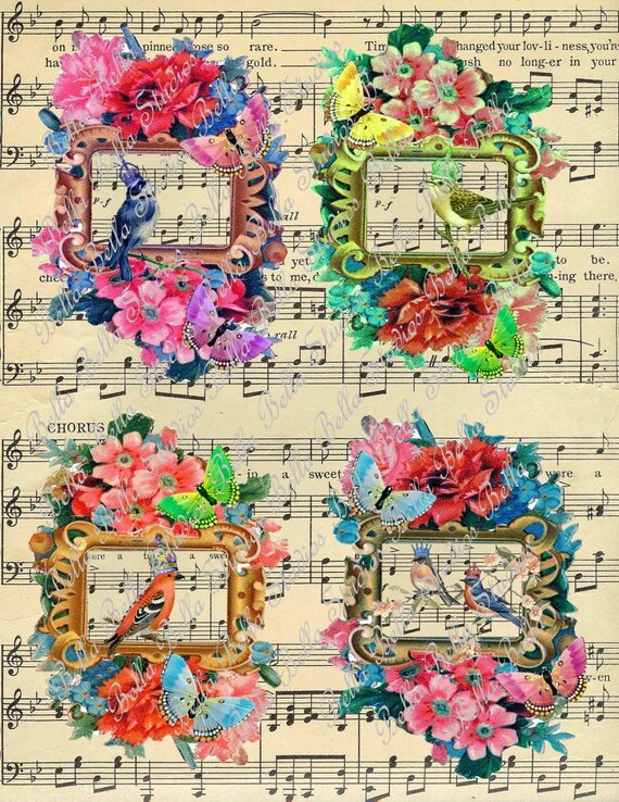 Vintage Floral Framed BIRDS with Crowns on Musical Sheet PRINTABLE Sheet Il_570xn