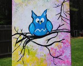 Owl / Bat Decor,  Kid's Room , Children's Original Acrylic "Batley" Blue -  Limited edition Print 8" x 10" FREE SHIPPING