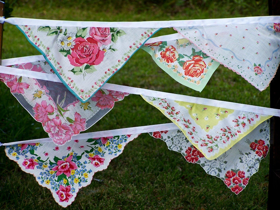Vintage Hankies Bunting Banner Pink Floral Hanky Garland 12 Feet Long