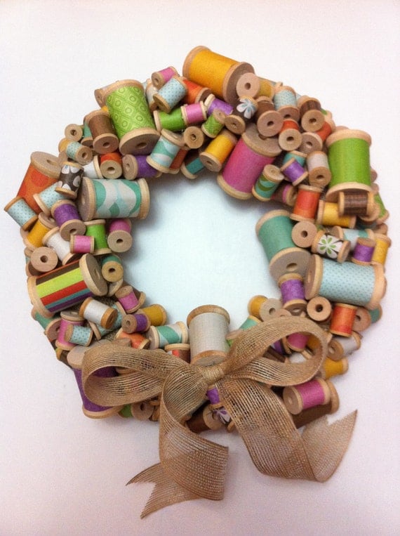Colorful Wooden Spool Wreath with Burlap Bow - 12 inch