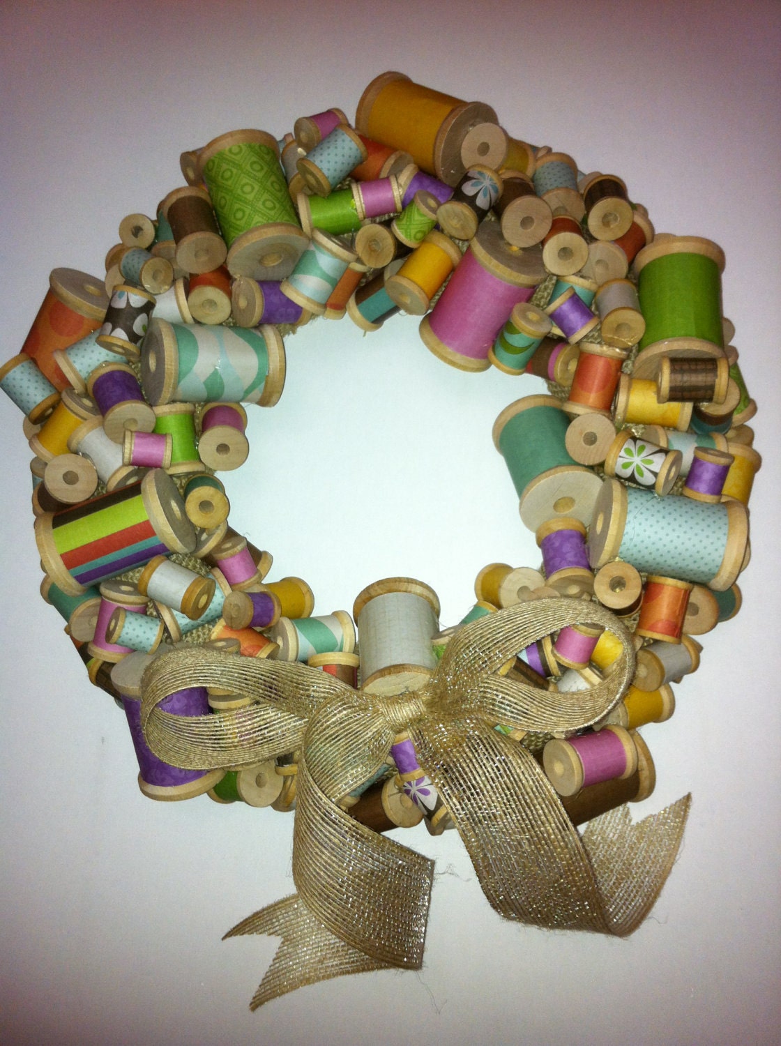 Colorful Wooden Spool Wreath with Burlap Bow - 12 inch