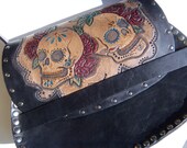 Tooled Leather Purse with Sugar Skull and Rose Design and Chrome Rivets