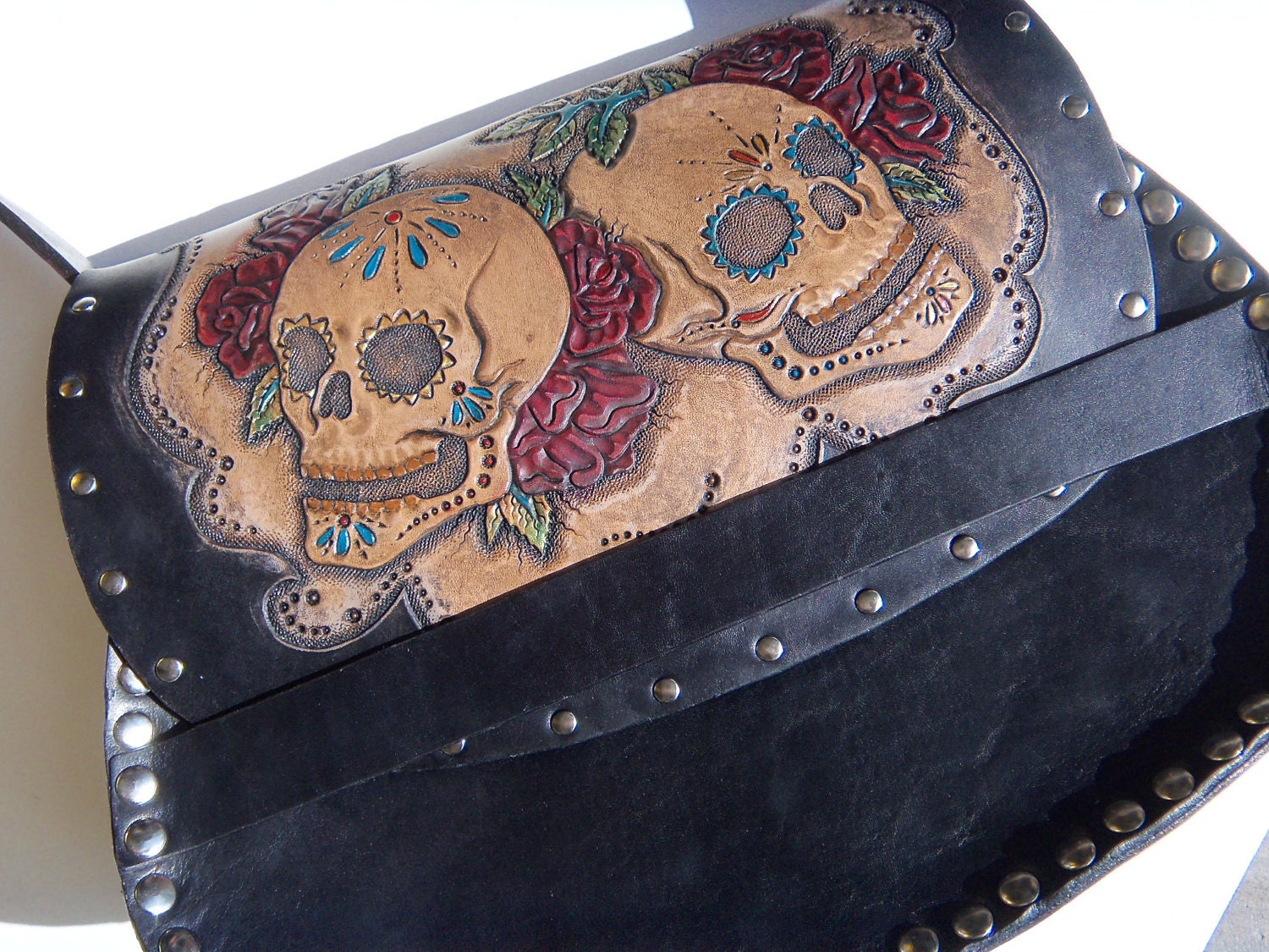 Tooled Leather Purse with Sugar Skull and Rose Design and Chrome Rivets