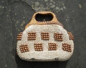 Vintage 60s 50s Tapestry embroidered Raffia wood bead bag handbag dress  bag  purse