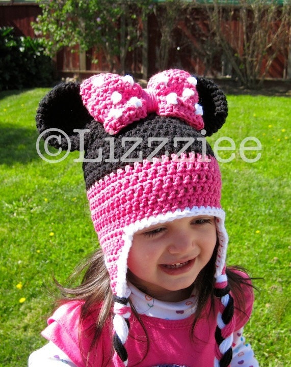Minnie Mouse Stripe Crochet Beanie PDF Pattern  - fun to make for Disneyland Disneyworld trip - beanie, earflap, braids, ties