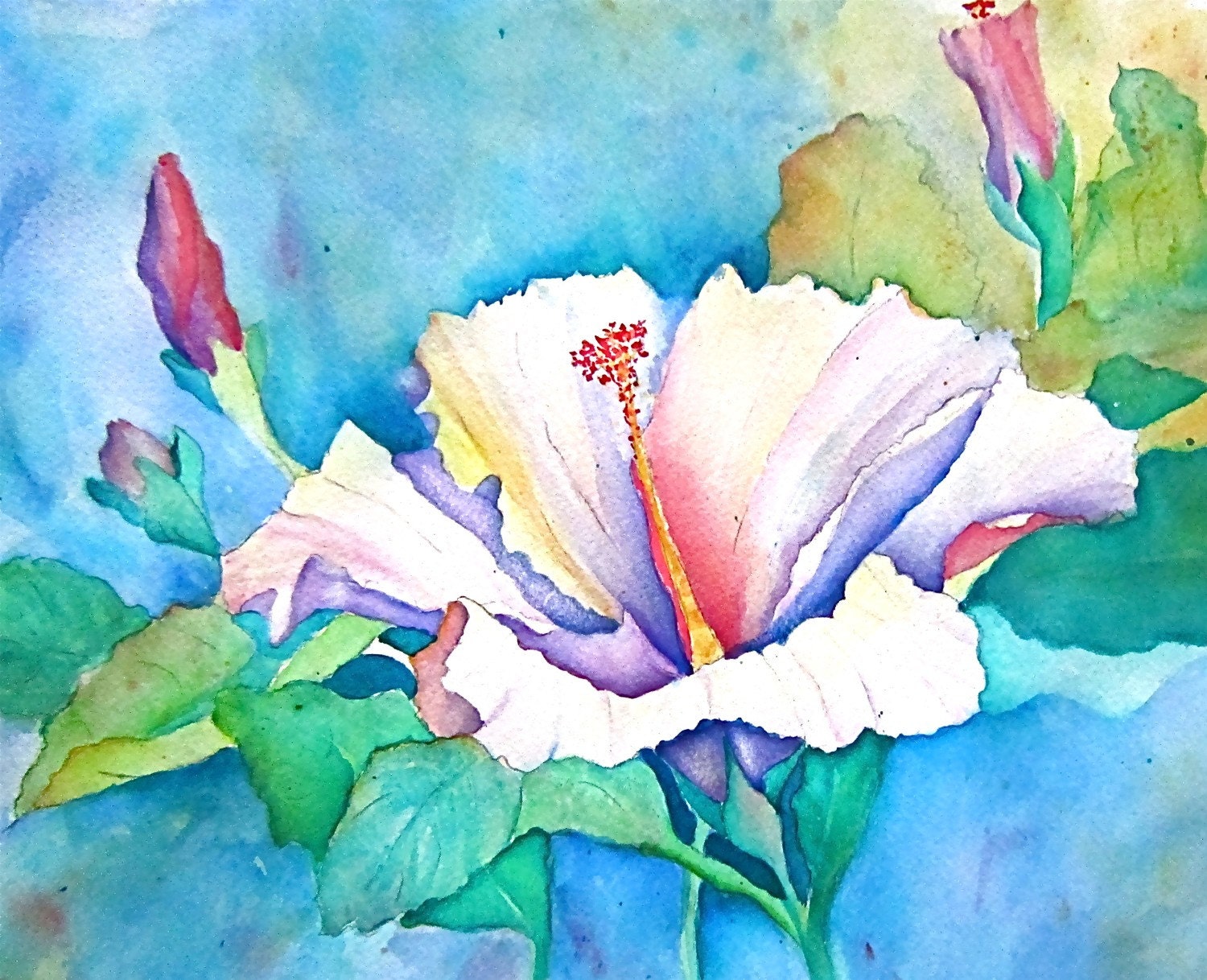 Floral Watercolor Print Hibiscus floral blue pink green yellow purple lavender scarlet lake red mauve 8.5 x 11 more sizes under 40 dollars