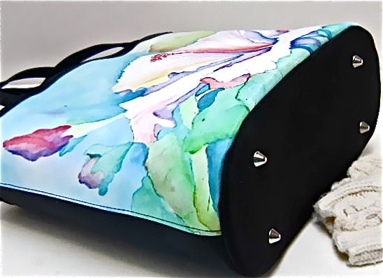 Handbag Tote bag Watercolor Hibiscus Custom Order blue turquoise white green yellow red purple mauve rainbow water resistant microfiber