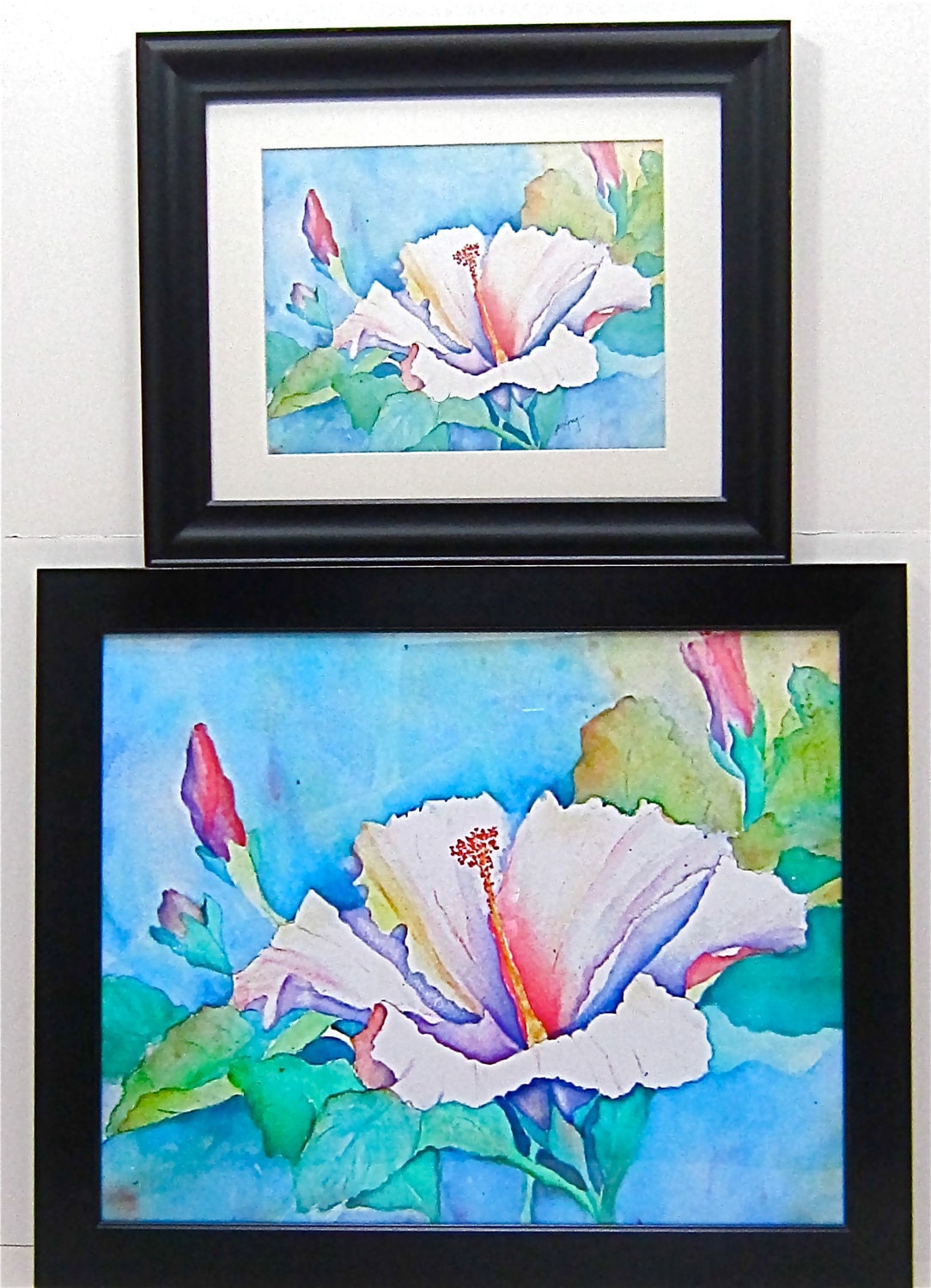 Floral Watercolor Print Hibiscus floral blue pink green yellow purple lavender scarlet lake red mauve 8.5 x 11 more sizes under 40 dollars