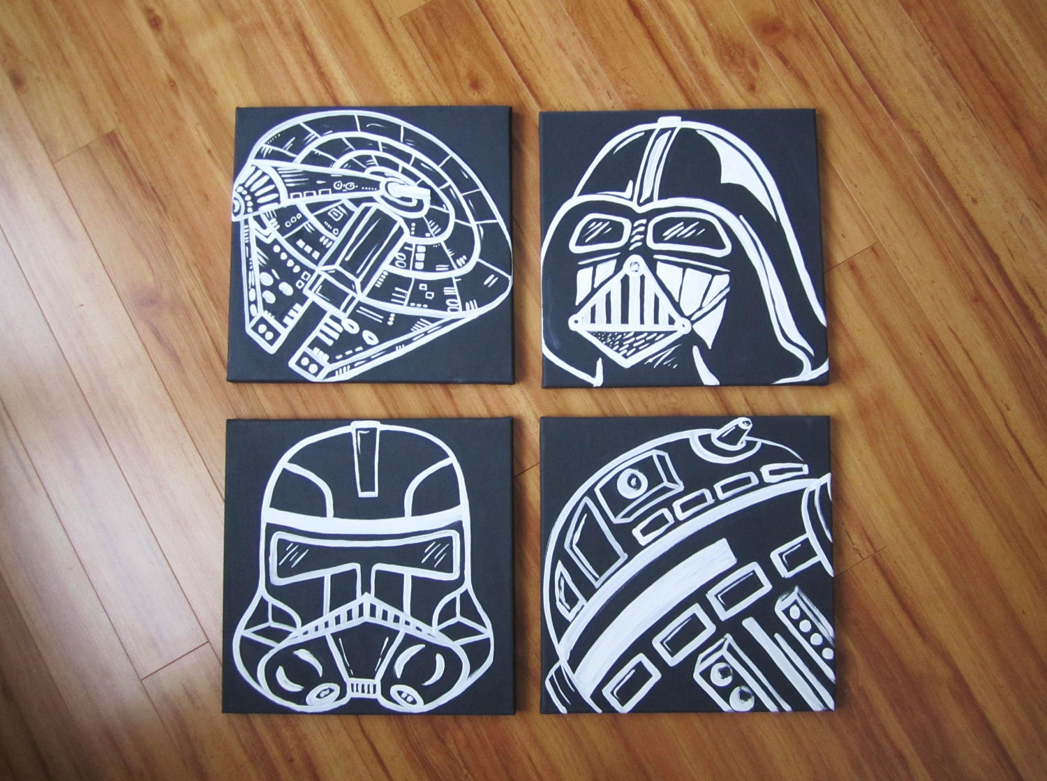 star wars art . 4 - 12x12's . millennium falcon, darth vader, storm trooper, R2D2 or yoda.