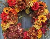 Fall Door Wreath Silk Floral Orange, Gold and Copper Sunflowers, Mums, Hydrangea "Fall Sunset"