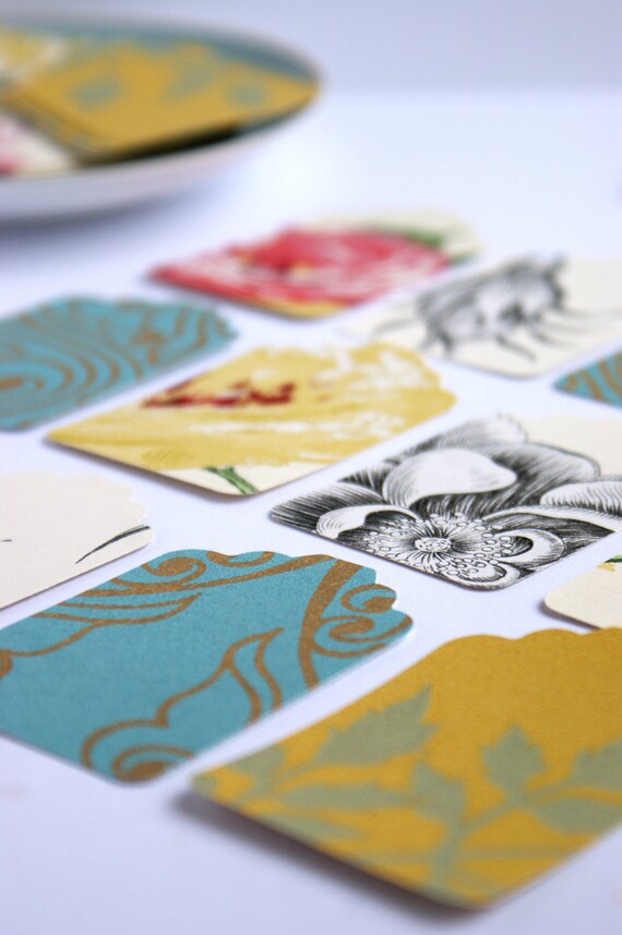 Vintage upcycled wallpaper gift tag, set of 12, etchings, paisley, roses, pink, mustard, turquoise