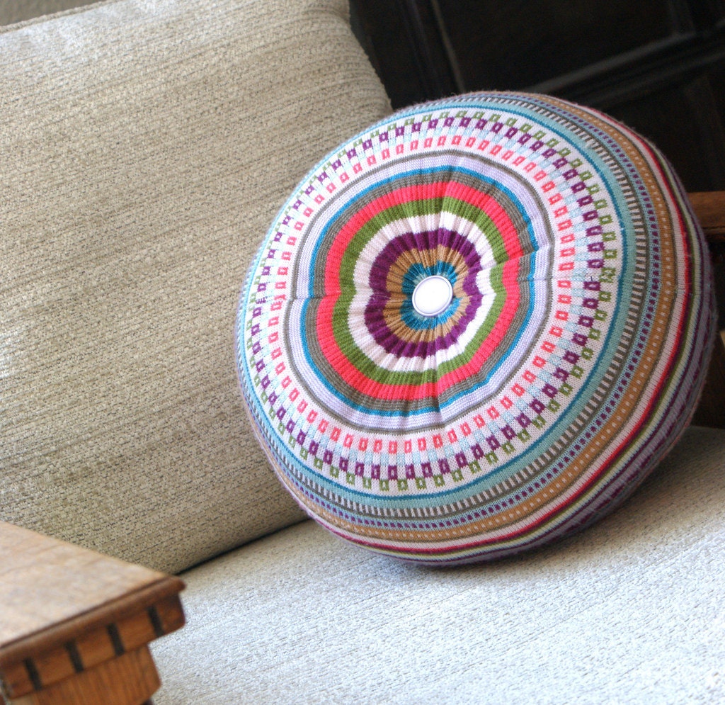 MEDIUM Upcycled Eco knit fairisle, cable floor cushion pouf hassock, Fair Isle brights turquoise cerise mustard jade teal red