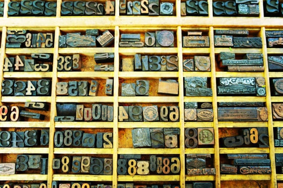Antique Vintage Type Letters 8x12" Photo Print, "Letterpress" Block Stamps in Industrial Wooden Drawer, Printing Press Fine Art Matte Print