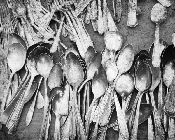 Vintage "Spoons" at the Flea Market - Fine Art Photography 8x10" Matte Print in Black and White, Silver Spoon, Vintage Kitchen Decor