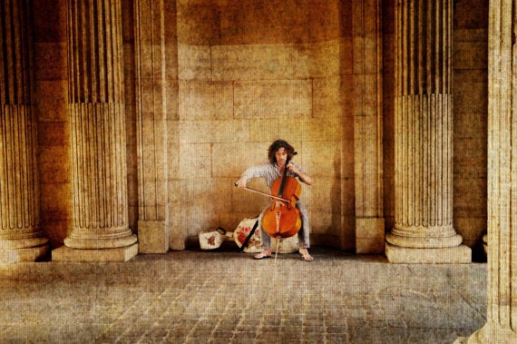 Street Musician Cellist in Paris, France - Fine Art 8x10" Matte Photography Print, Rustic Autumn Home Decor Art