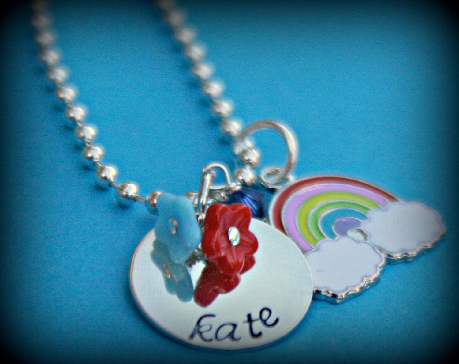 Hand Stamped Necklace - Personalized Necklace - Girls Charm Necklace - Rainbow Necklace