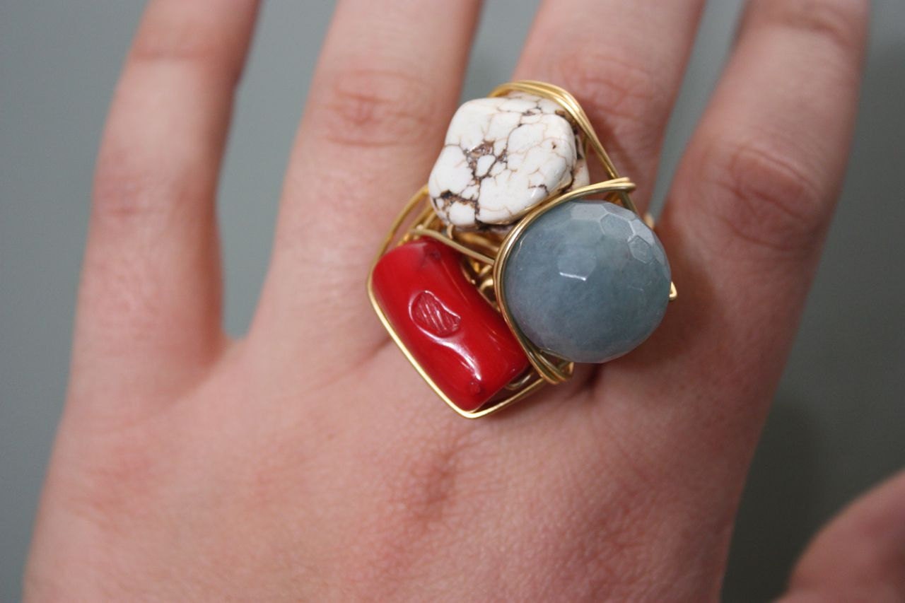 White Turquoise, Red Coral and Aquamarine Stones on Gold Copper Wire Wrapped Ring