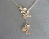 Silver Orchid Necklace, Triple Flower Lariat Necklace