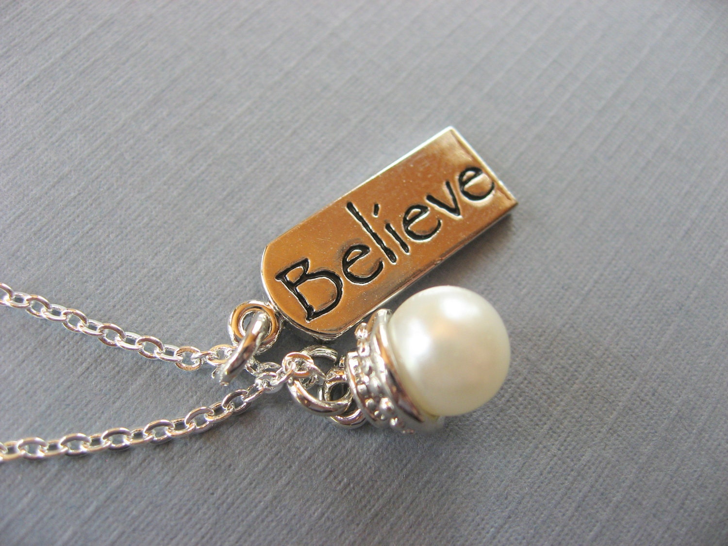 Believe Necklace with Tiny Pearl in Silver