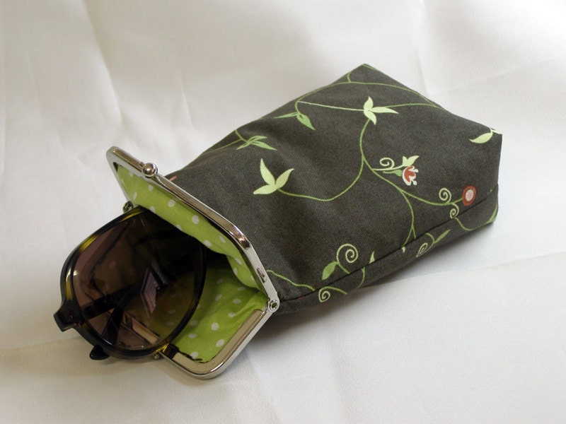 Sunglass Case - Brown and Green cotton - Silver Frame