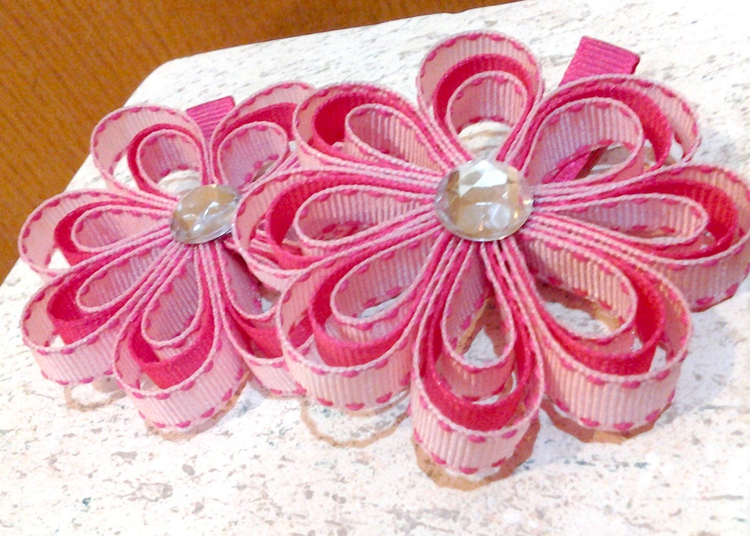 Ribbon Flower Hair Clips -  Set of 2