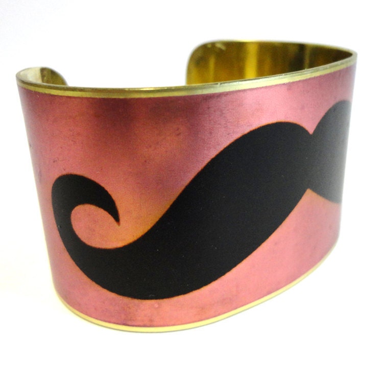 Moustache Cuff Bracelet Pink Black Vintage Style