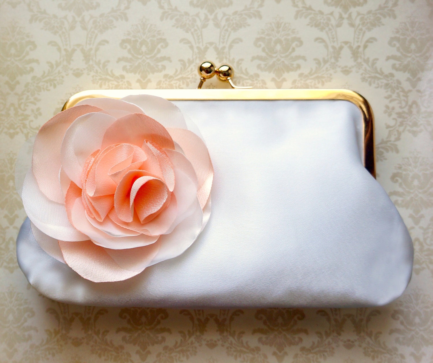 Bridal Clutch with Peach Flower Adornment- Custom