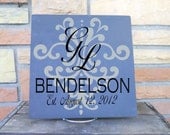Damask Underlay Detailed 11x11 Wooden "Tile" With Couple's Monogram, Last Name and Established Date GREAT WEDDING GIFT