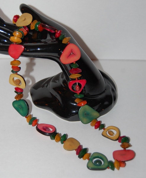 Vintage Necklace Dyed Wood and Nuts Shape