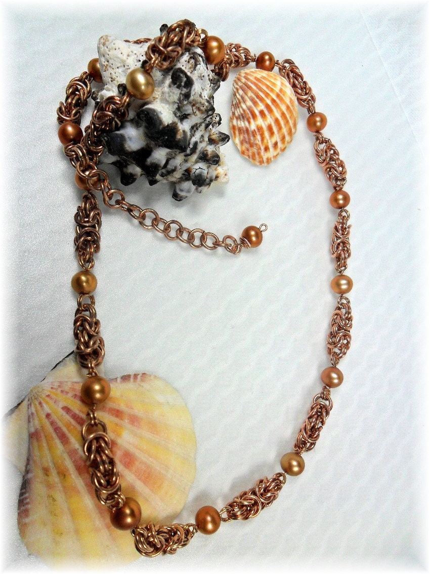 Chainmaille Necklace-Bronze Wire-Freshwater Pearls by ChicArtistique-on Etsy