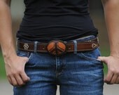 Peace sign leather belt buckle, brown/tan, hand-tooled