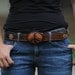 Peace sign leather belt buckle, brown/tan, hand-tooled
