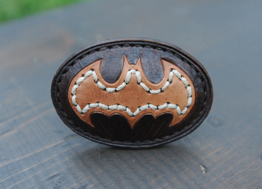 Brown leather and hemp Batman logo belt buckle, hand-tooled