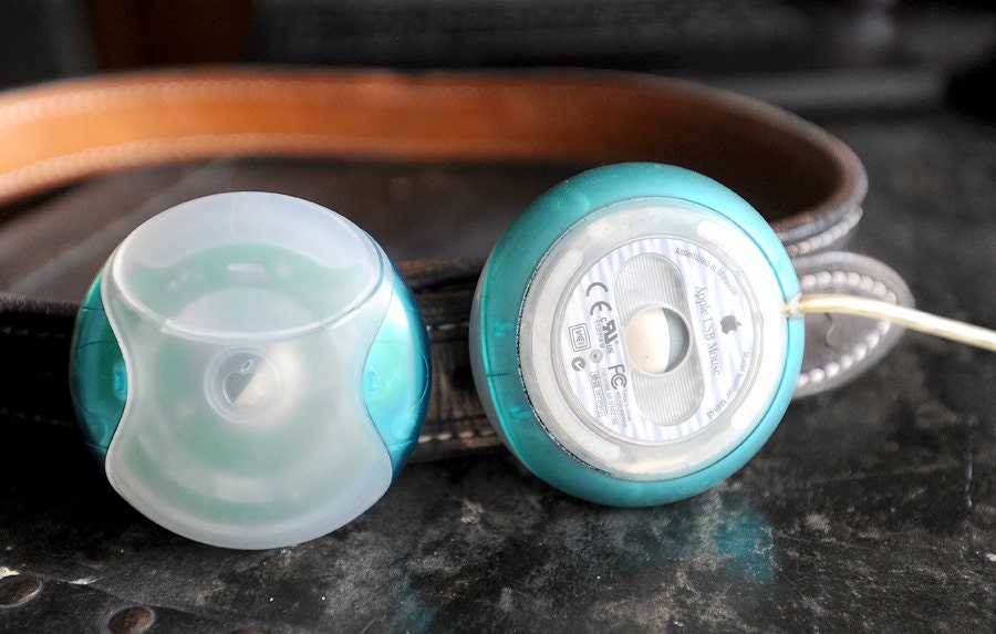 Retro Mac puck mouse belt buckle, Bondi Blue, upcycled for the techie in your life