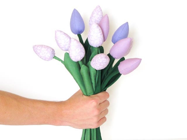 Fabric flower bouquet of spring flowers dozen tulips lilac and light violet - birthday gift, bridal shower get well- Gift for girl and mom