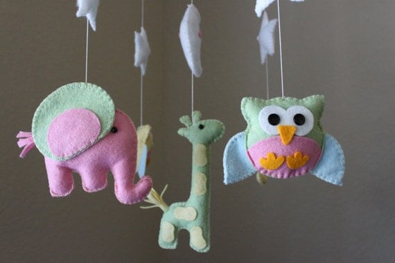 Baby Crib Mobile - Baby Mobile - Nursery Owl Mobile - Elephant Mobile "Baby Animals in the Night" (You can pick your colors)