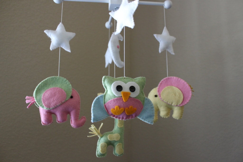 Baby Crib Mobile - Baby Mobile - Nursery Owl Mobile - Elephant Mobile "Baby Animals in the Night" (You can pick your colors)