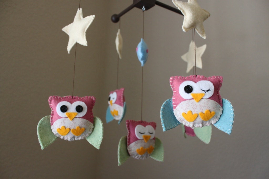 Baby Crib Mobile - Baby Mobile - Nursery Owl Mobile "Five Owls in the night" (You can pick your colors) Mobile - Crib Mobile