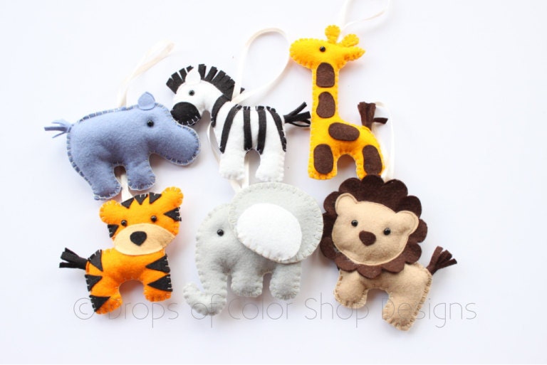 Six Felt Plush Toy Jungle Theme - Safari Ornaments - Lion, Zebra, Elephant, Tiger, Giraffe / Party or Baby Shower Favor - Nursery Decoration
